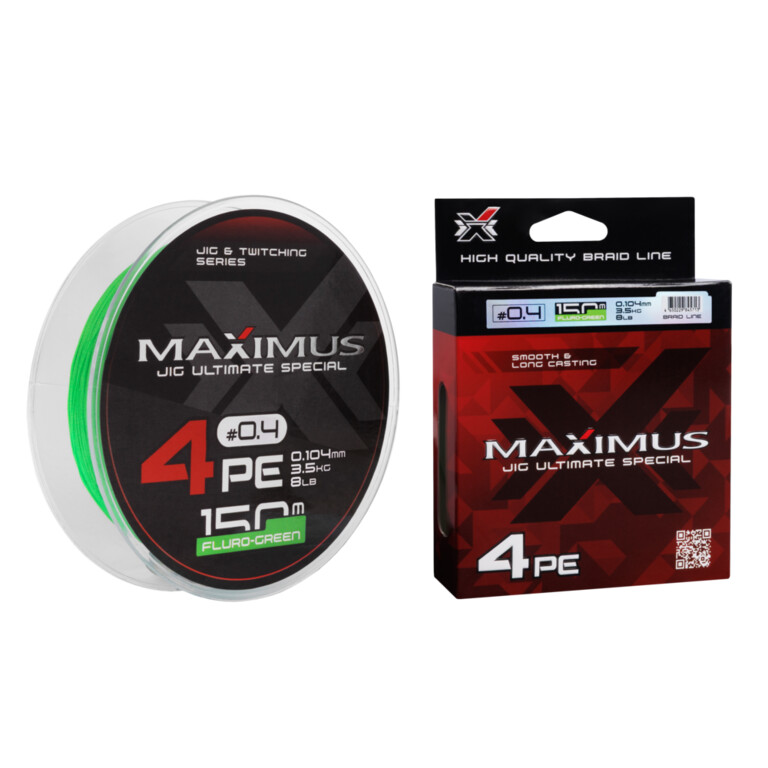 Фотография Шнур Maximus 4PE 150m, флюоресцентный зеленый #1 (0,165mm), 7,2kg